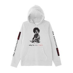 White hoodie featuring iconic Biggie baby photo with Sky's the Limit design - M